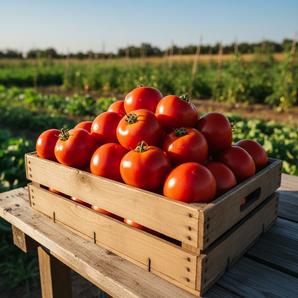 Bright red fresh tomatoes freshly harvested from farm, vibrant colors, natural light