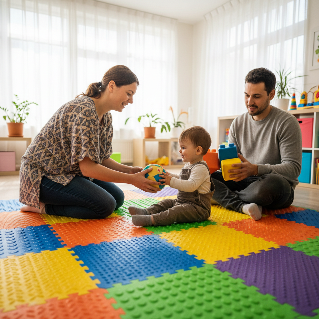 Two therapists working together with a toddler on a colorful therapy mat
