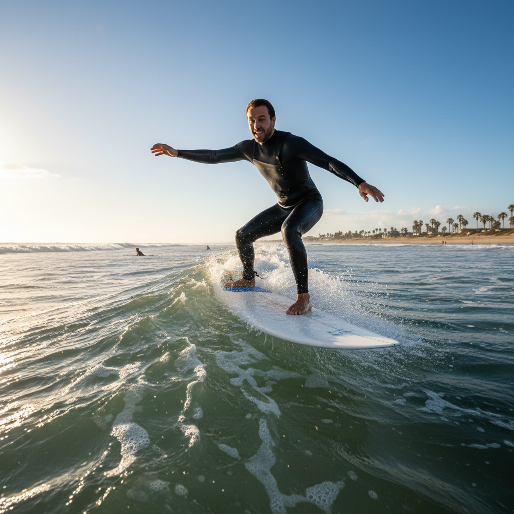 Beginner surfer successfully popping up on a small wave