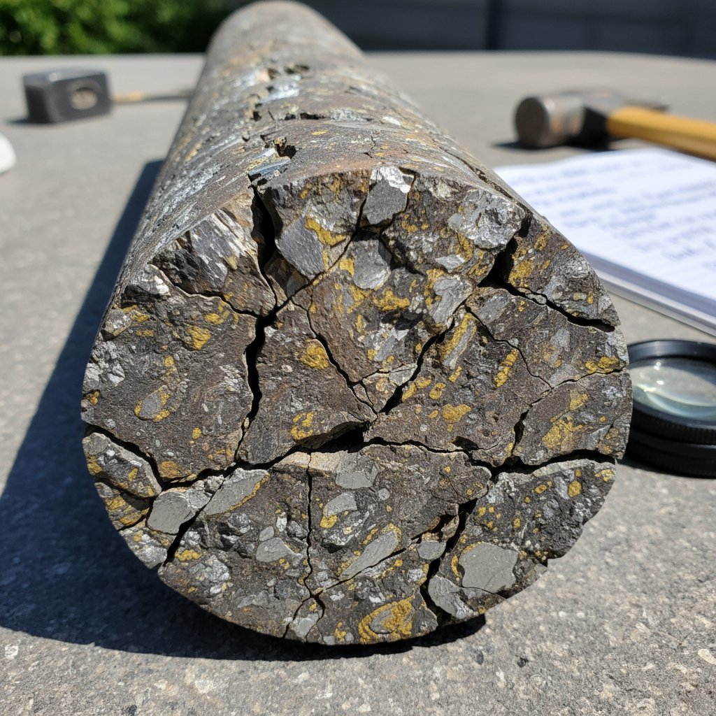 Geological drill core samples showing zinc and lead sulfide mineralisation in fractured rock