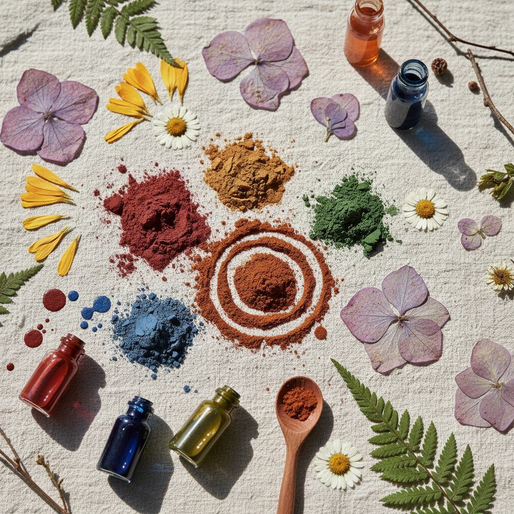 Overhead view of natural art supplies including clay pigments, pressed flowers and botanical inks on linen cloth