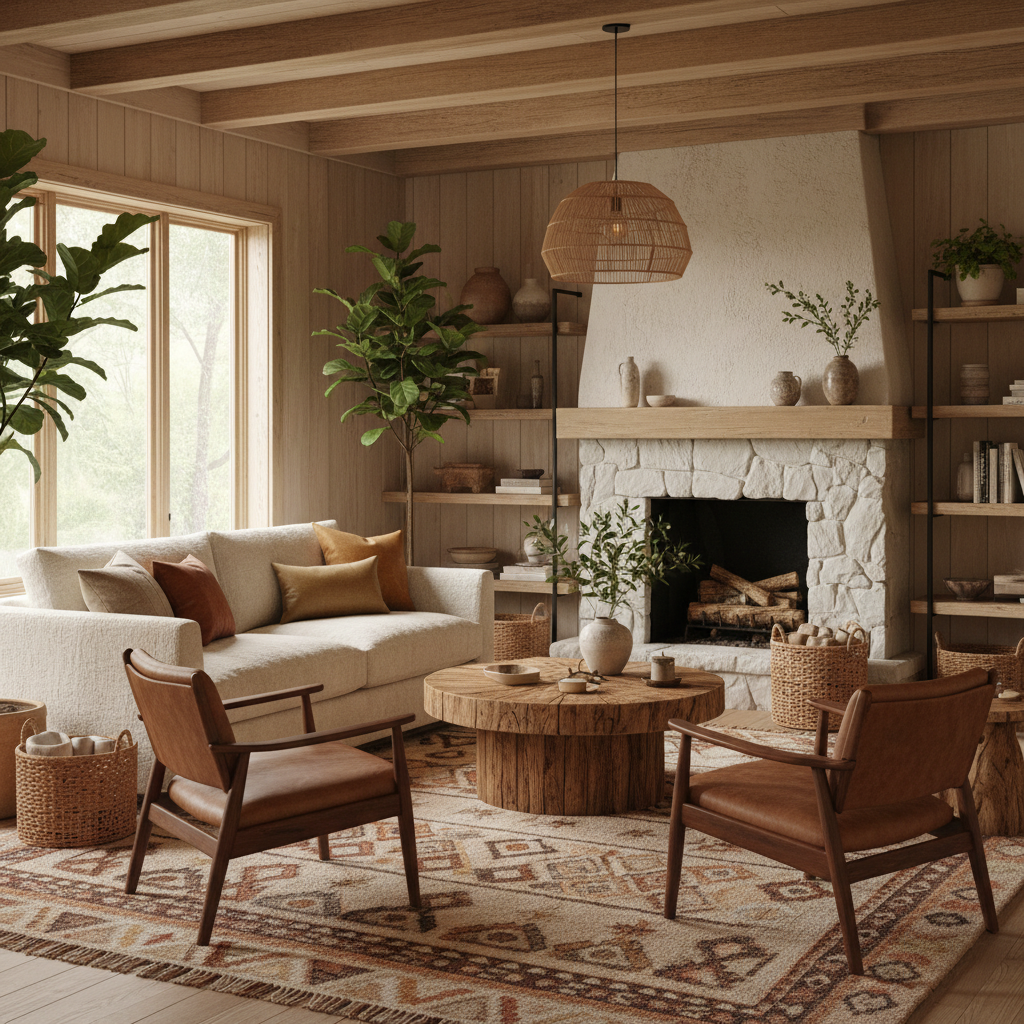 Residential interior design — warm living room with natural materials