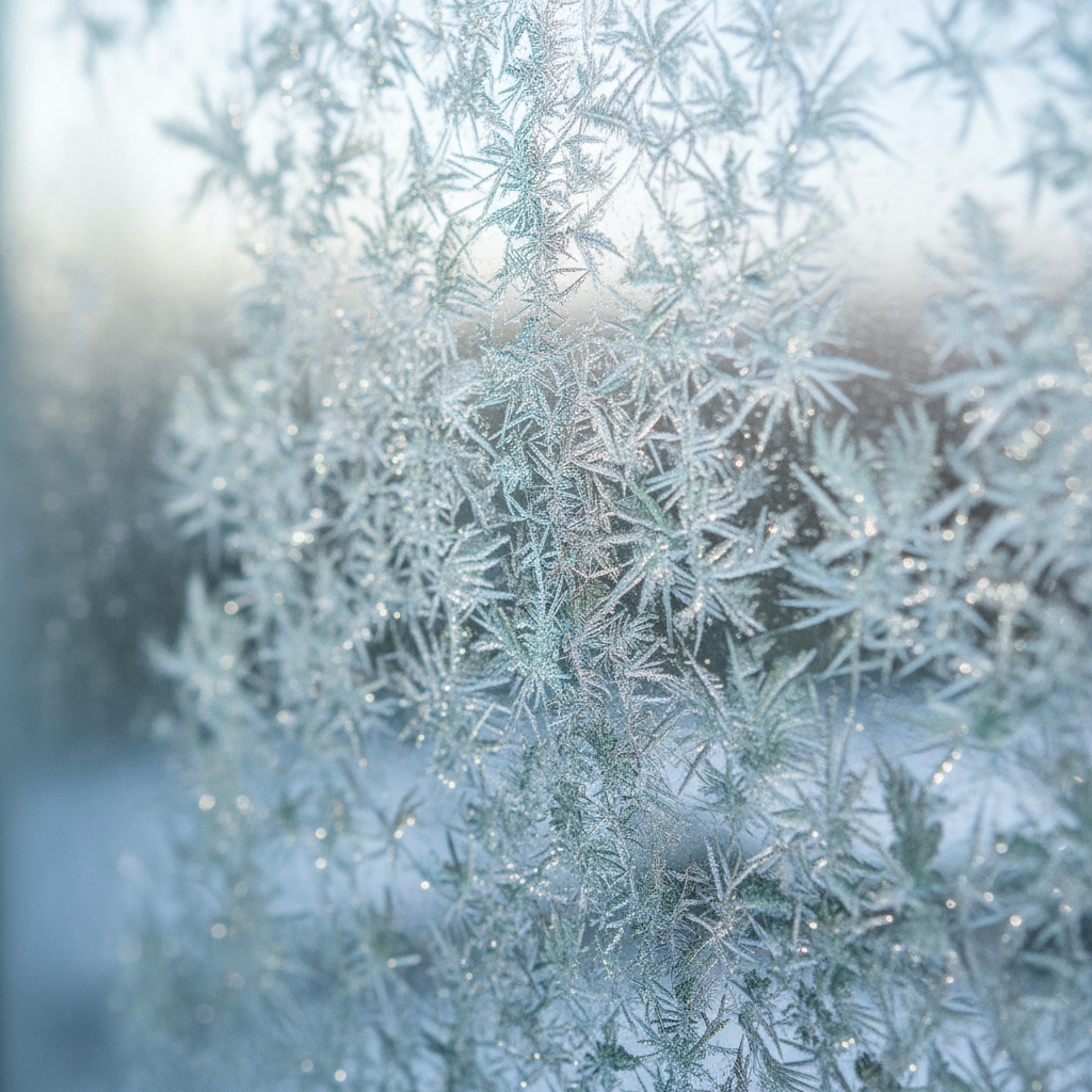 Ice crystals forming on glass surface — macro photography in cold environment