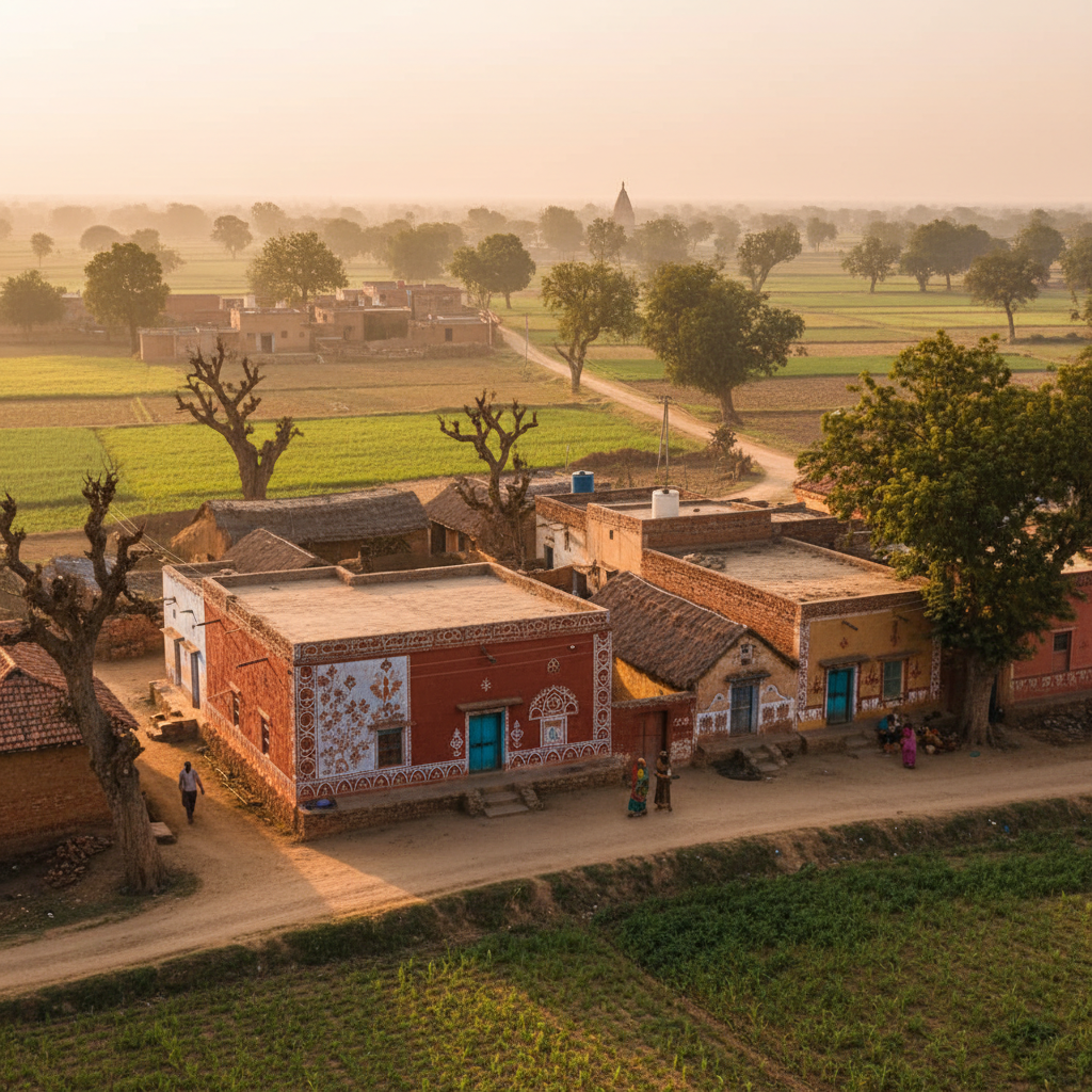 Traditional Indian village with green fields, rural community, gram panchayat