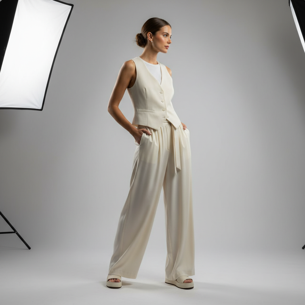 Bright airy studio with model wearing wide-leg cream trousers, white background, natural daylight