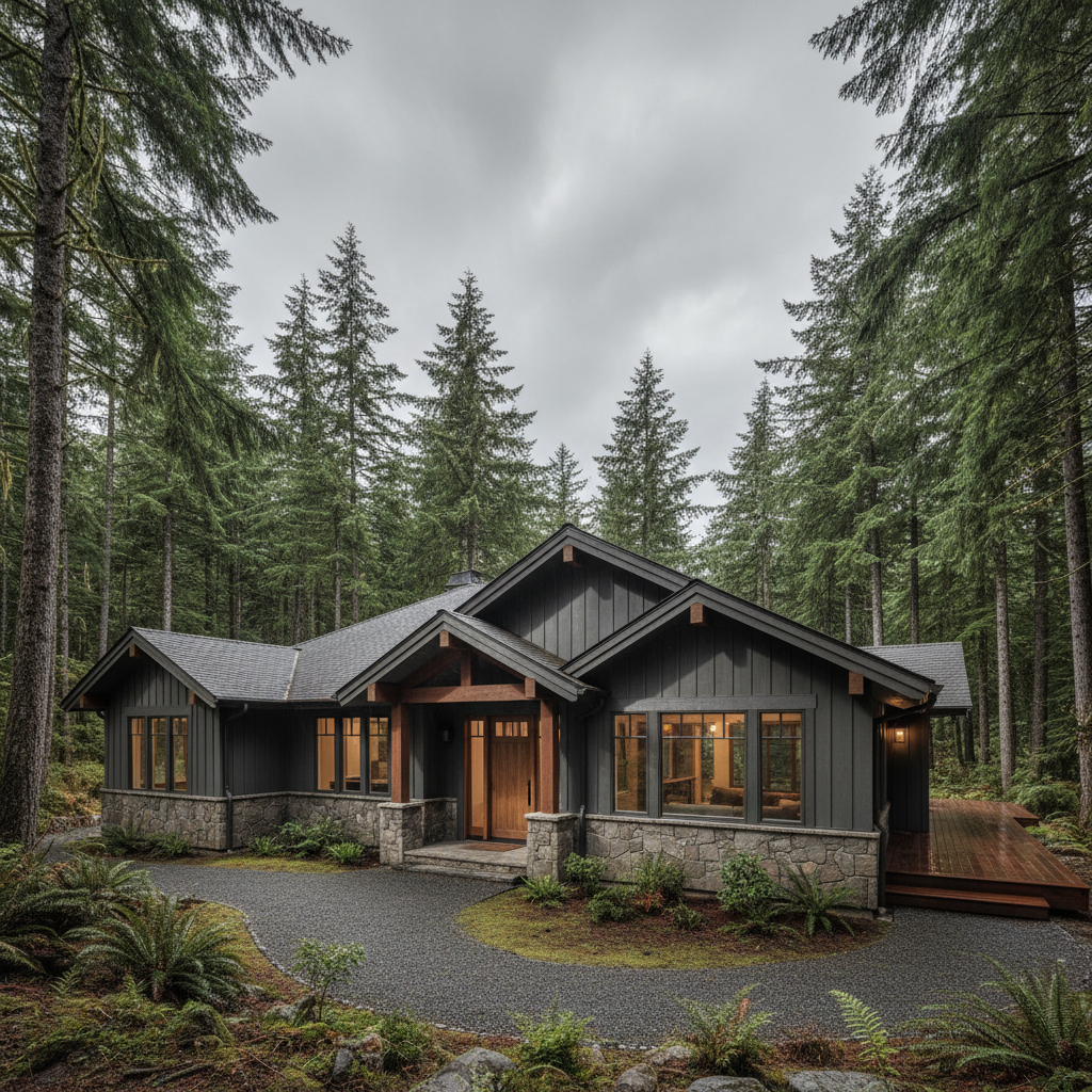 Custom home exterior with board-and-batten siding, deep overhanging eaves, stone foundation, surrounded by tall fir trees, overcast Pacific Northwest sky, dramatic shadows