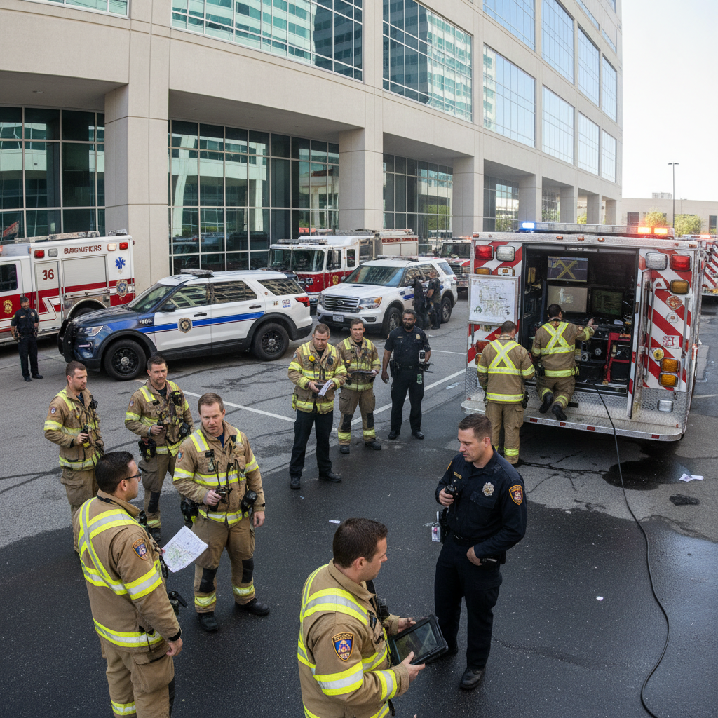 Emergency response team coordinating at a commercial building during an operational incident