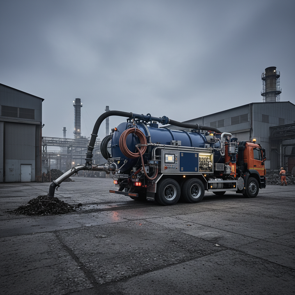 Sanitation vacuum truck for waste removal in industrial facility yard dim lighting professional service