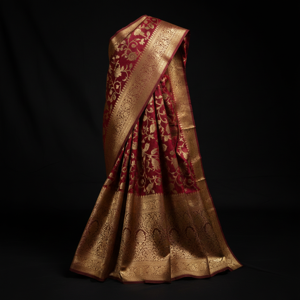 Rich gold Banarasi pure silk saree with intricate brocade work, studio lighting