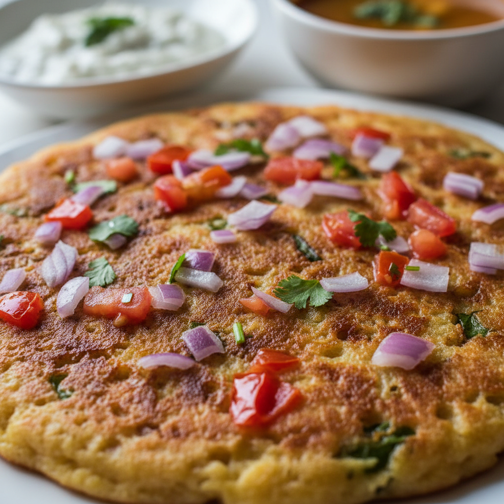 Uttapam thick pancake with colorful vegetable toppings on griddle