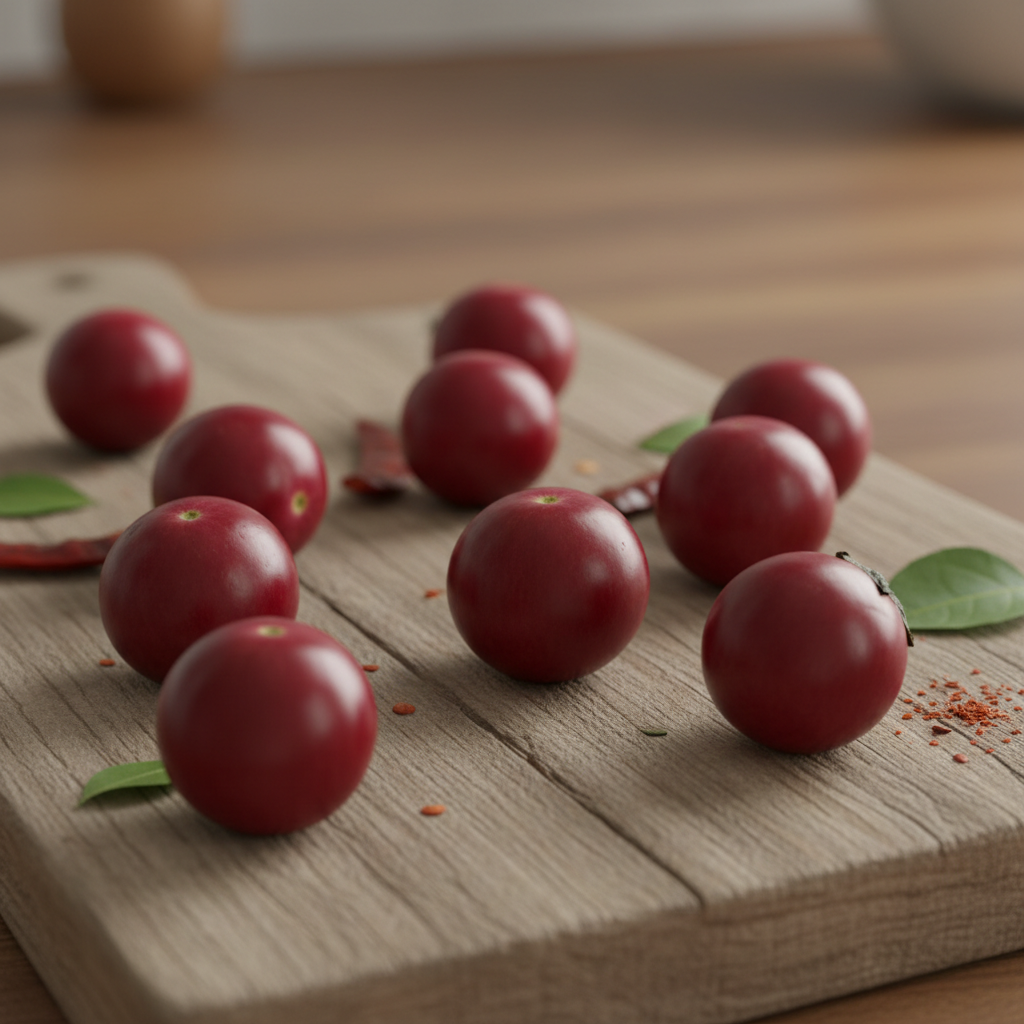 Rustic tomato chutney in a glass jar on a wooden board with whole spices and fresh tomatoes