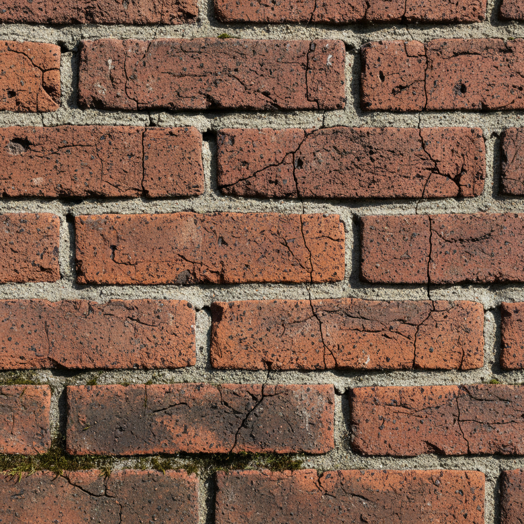 Weathered red brick wall showing iron flecks in clay, hairline cracks in old mortar, and shadow inside each raked joint