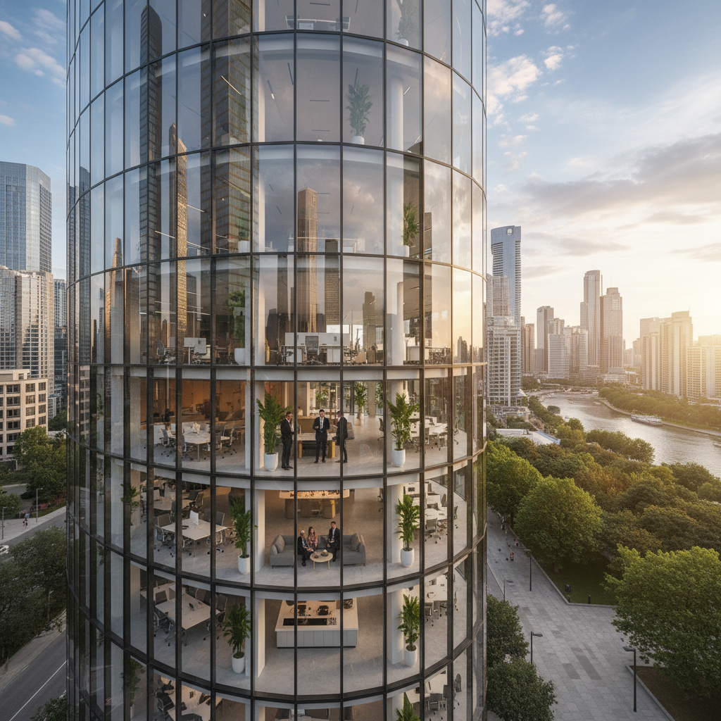 Modern high-rise commercial office building exterior with glass facade and urban skyline backdrop