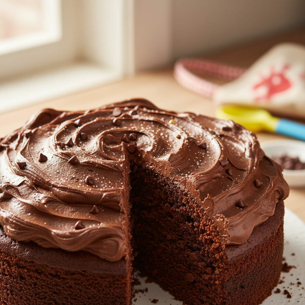 Beautifully imperfect chocolate cake with thick frosting swirls, proudly made by a child