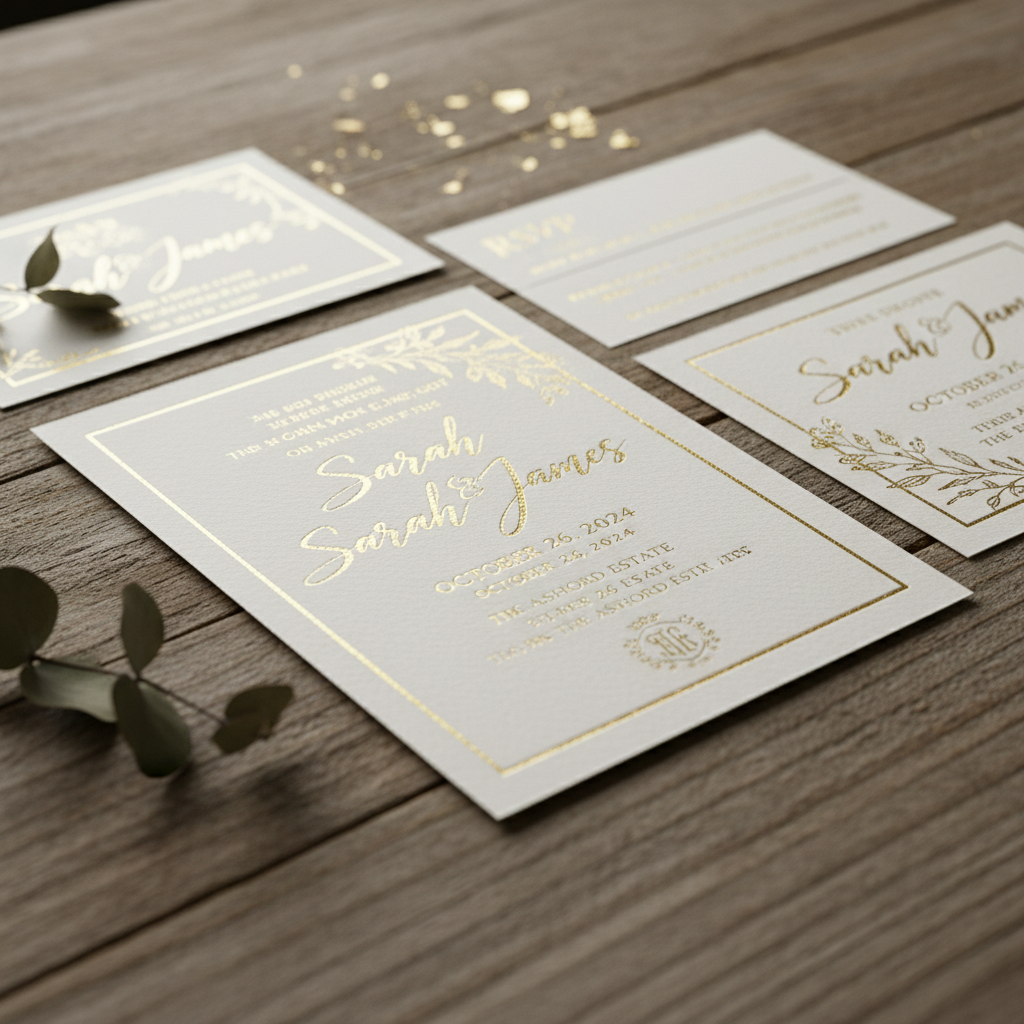 Elegant wedding invitation card with gold foil lettering on ivory paper