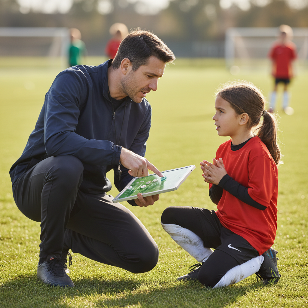Coach kneeling to eye level with a young player giving tactical advice