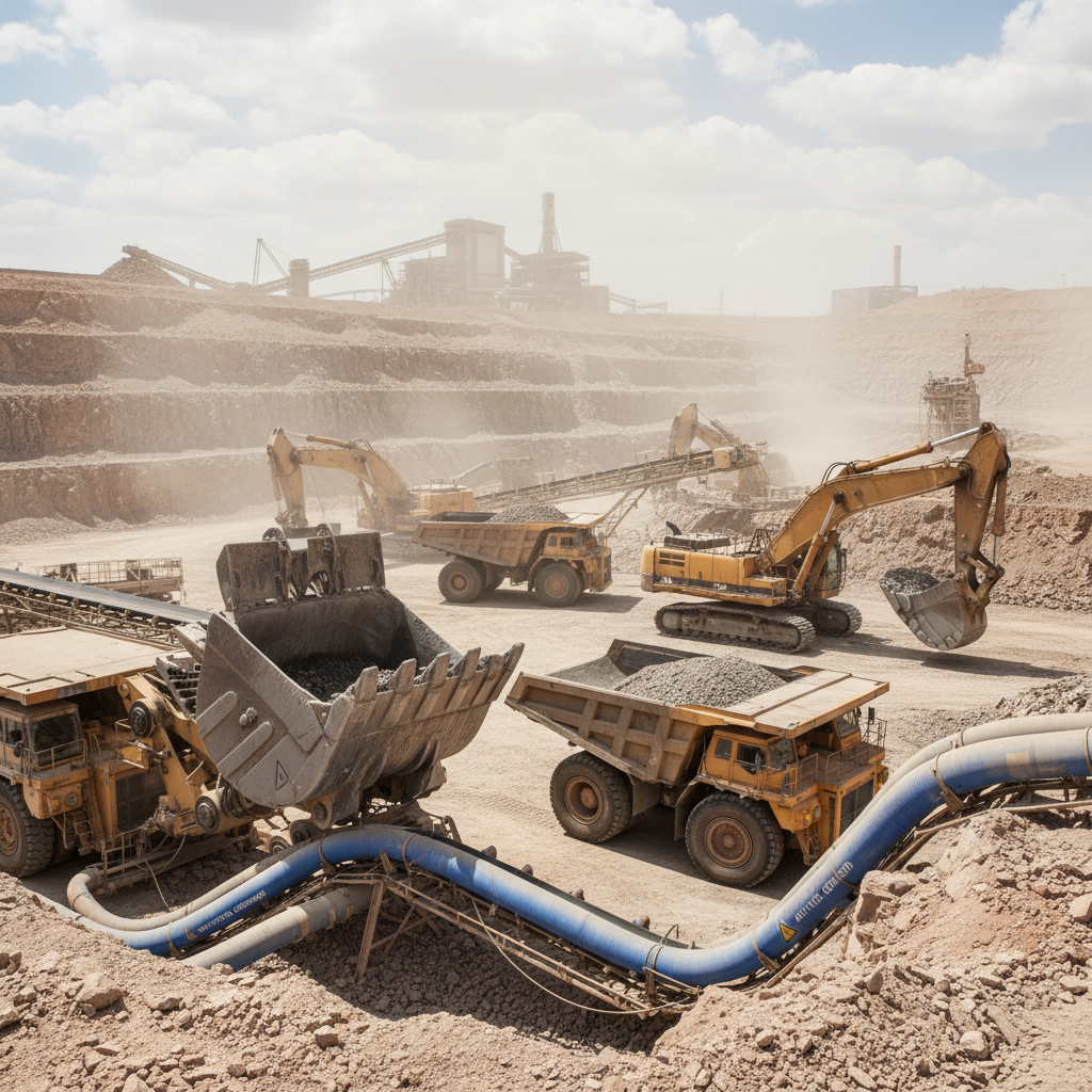 Mining site with heavy equipment extracting metal ores from an open pit mine in East Africa