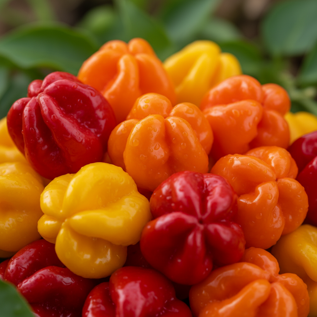 Bright orange and red scotch bonnet peppers in a wooden bowl