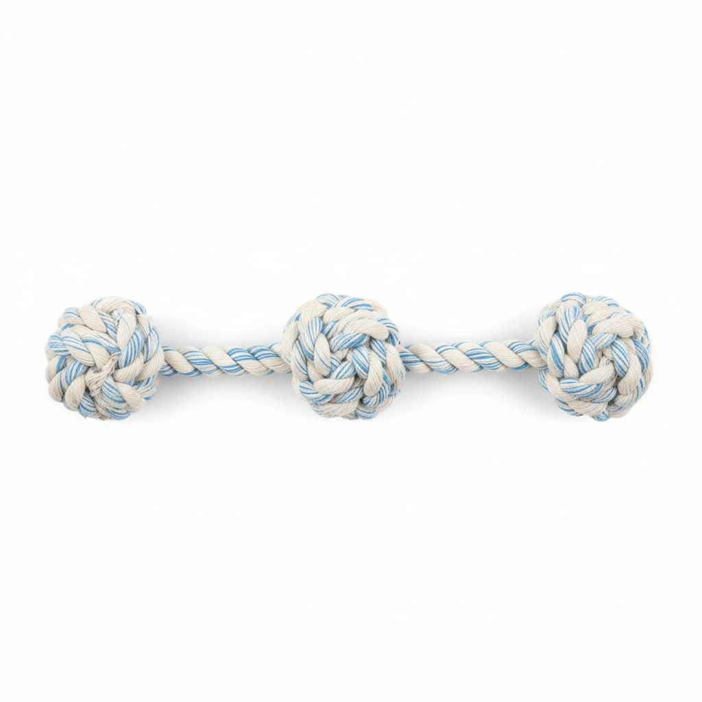 Rope toy laid flat showing full length and knots
