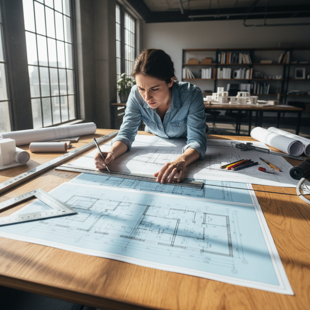 Architect reviewing residential building plans and blueprints on a desk