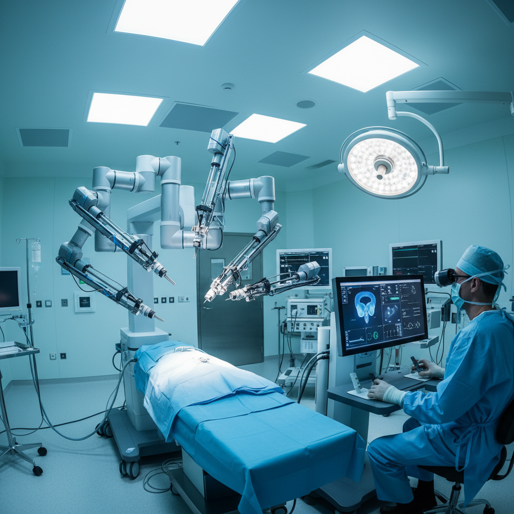 Orthopedic surgeon performing knee replacement procedure with robotic assistance in clean bright operating room