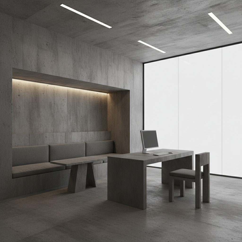 Brutalist consultation room rendering with recessed concrete alcove and minimal lighting design