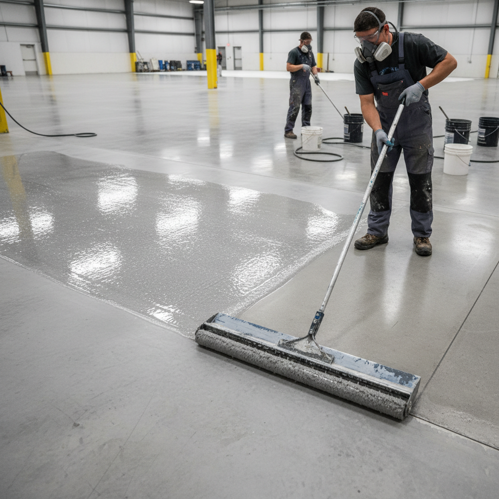 Epoxy coating being rolled onto prepared concrete floor, showing wet film application with roller and notched squeegee