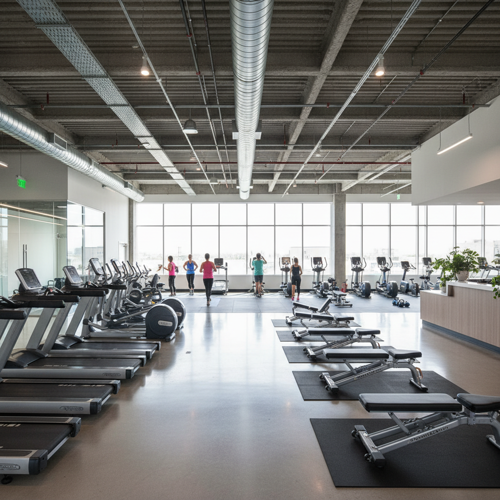 Completed modern fitness center interior with polished concrete floors and industrial ceiling
