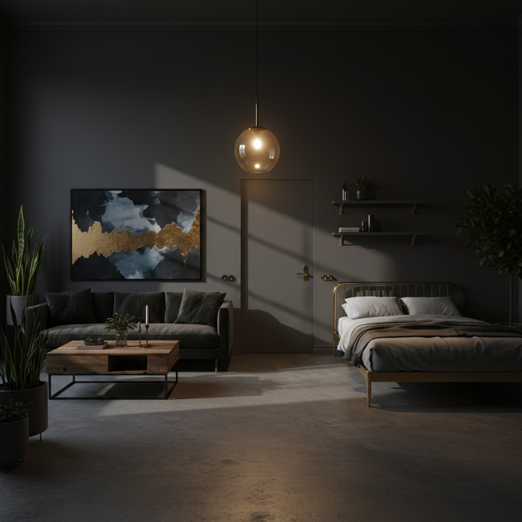 Dark studio with dim overhead lighting, deep shadow walls, industrial concrete floor, low-key moody atmosphere