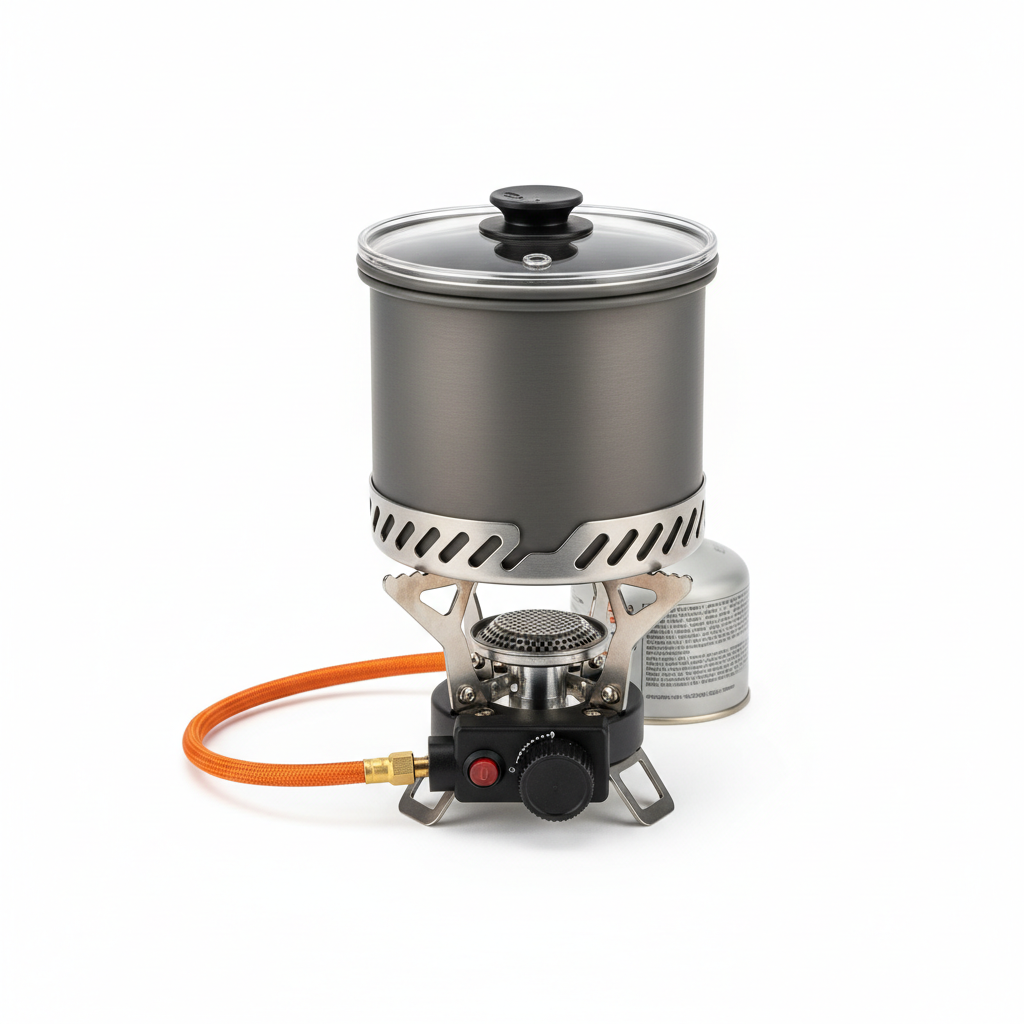 Compact backpacking stove system with integrated pot on white background