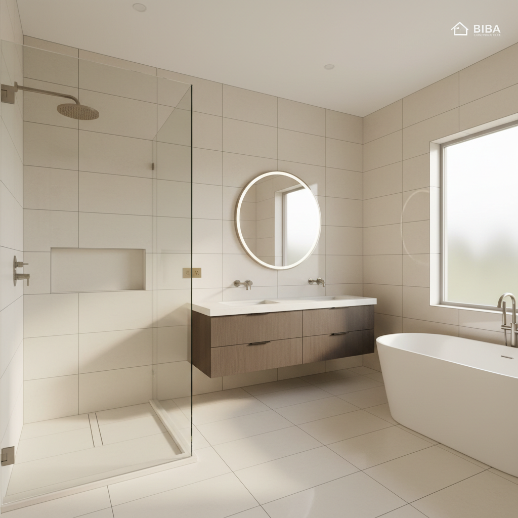 Precision tiling by Biba Construction, clean evenly-spaced grout lines and polished tile surface in finished bathroom