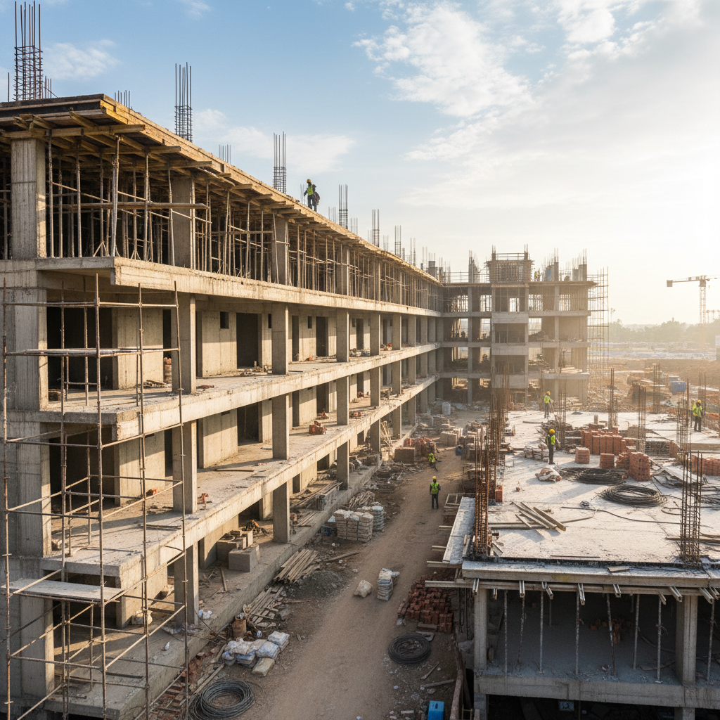 Multi-storey building under construction with scaffolding and concrete framework, workers in hard hats, overcast sky, dim industrial light