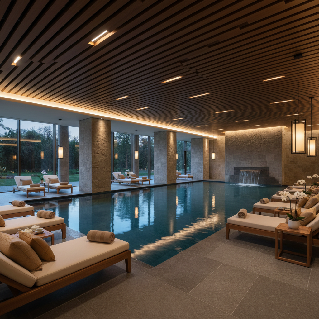 Elegant hotel spa pool with warm lighting, stone walls, misty atmosphere, candlelit alcoves