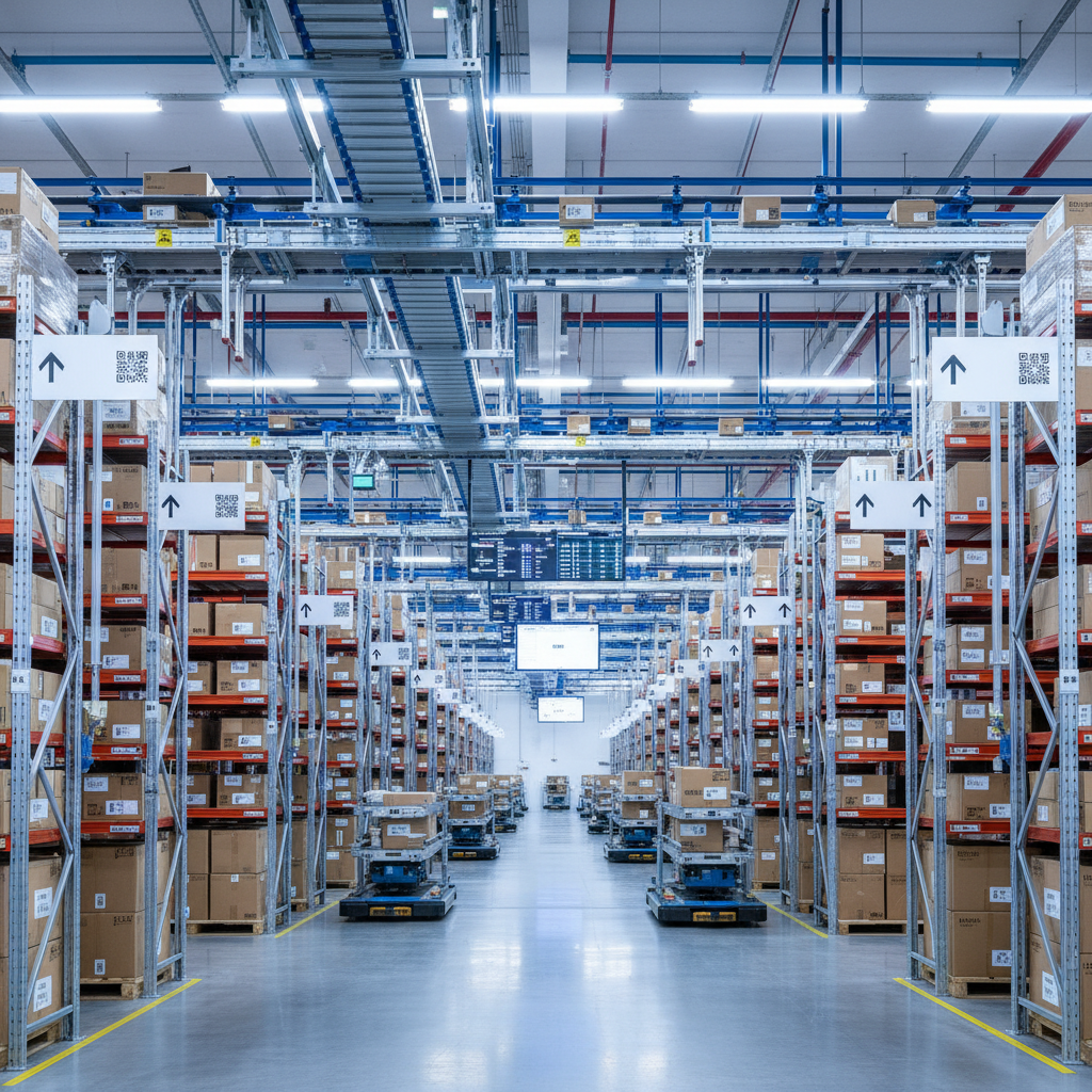 Automotive parts warehouse with organized inventory management system and automated retrieval