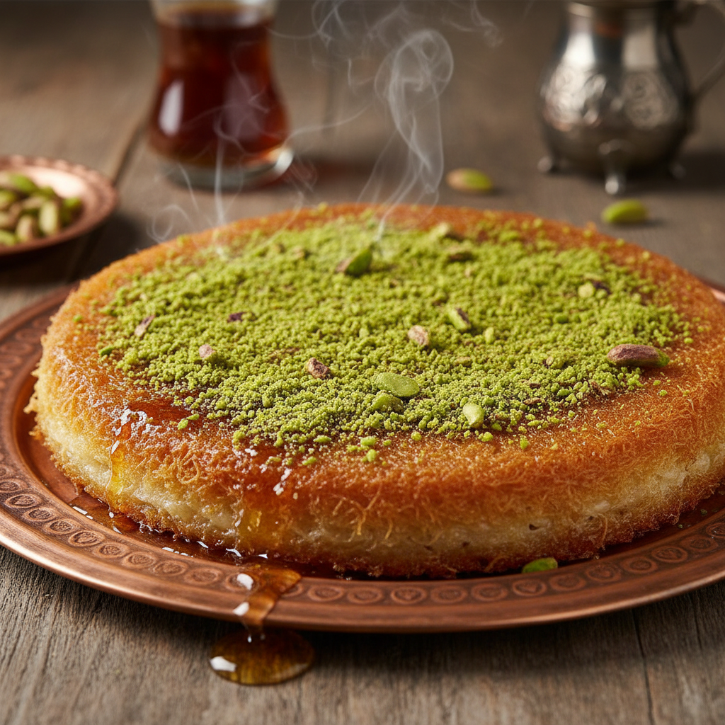 Golden knafeh in copper tray drizzled with rose water syrup