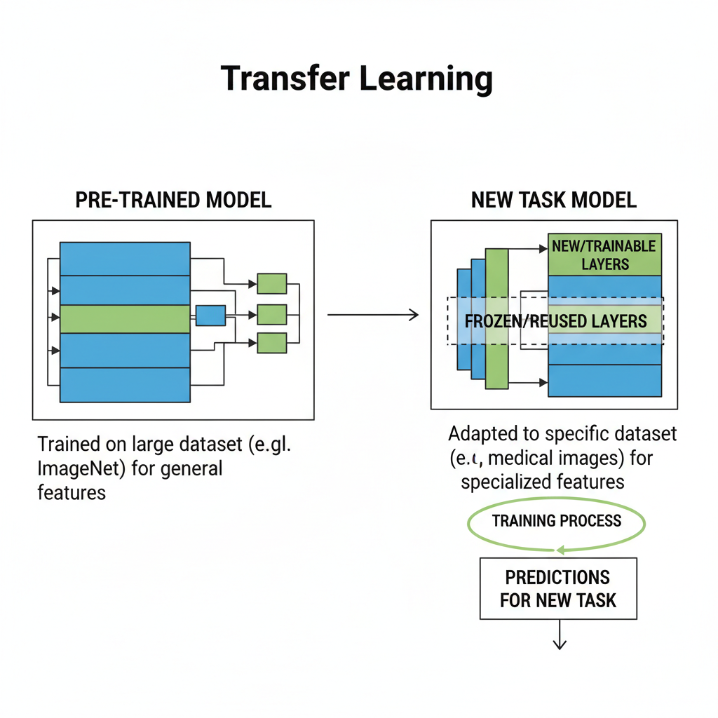 Transfer learning diagram showing knowledge transfer between pre-trained and new models