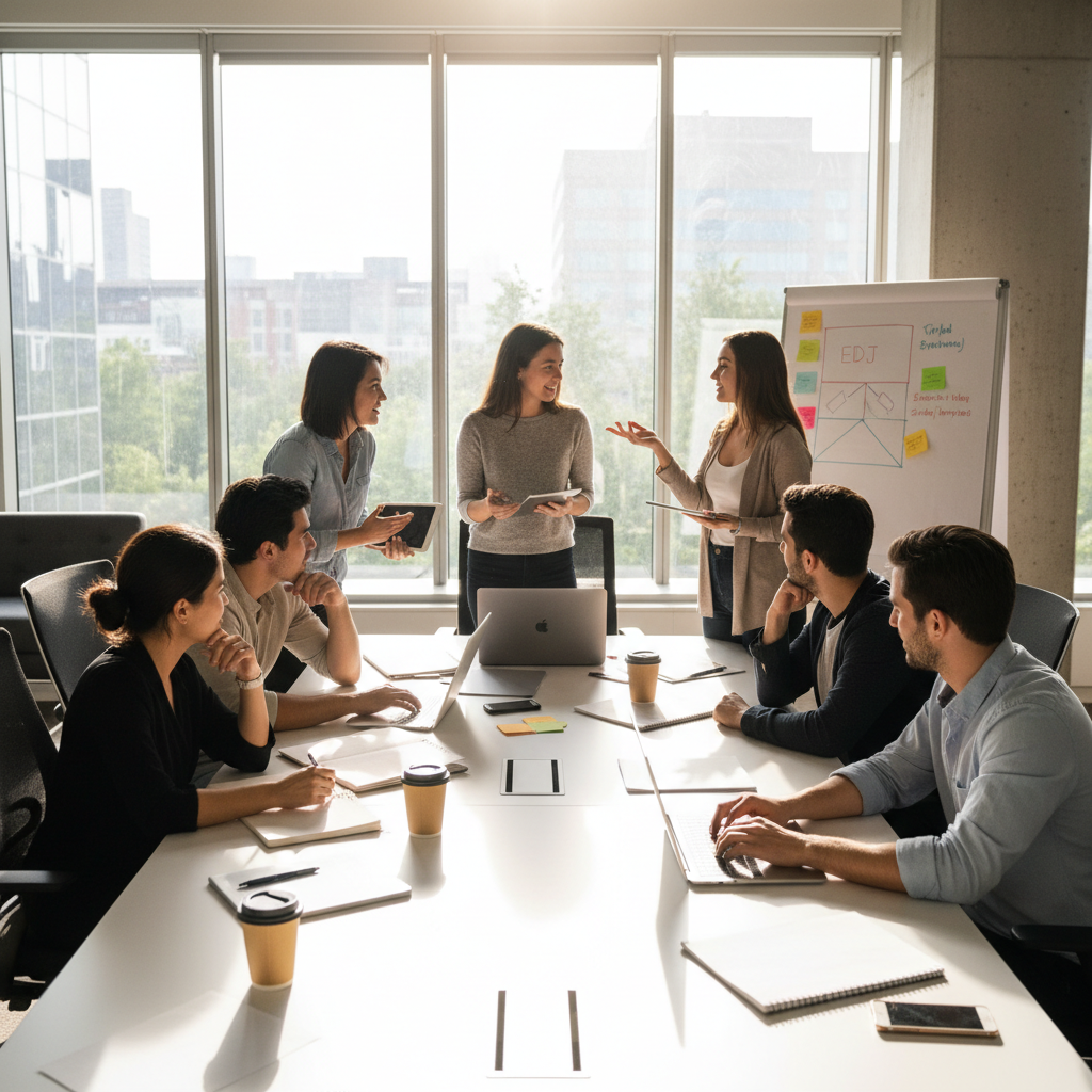 Équipe IDS Informatique en réunion collaborative dans un bureau moderne, ambiance humaine et professionnelle