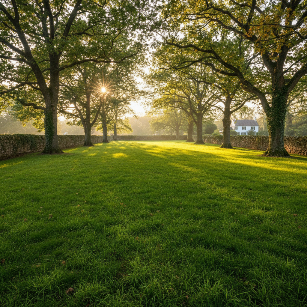 Wide shot of a large green farmhouse lawn in South Delhi with boundary walls and mature trees at golden hour