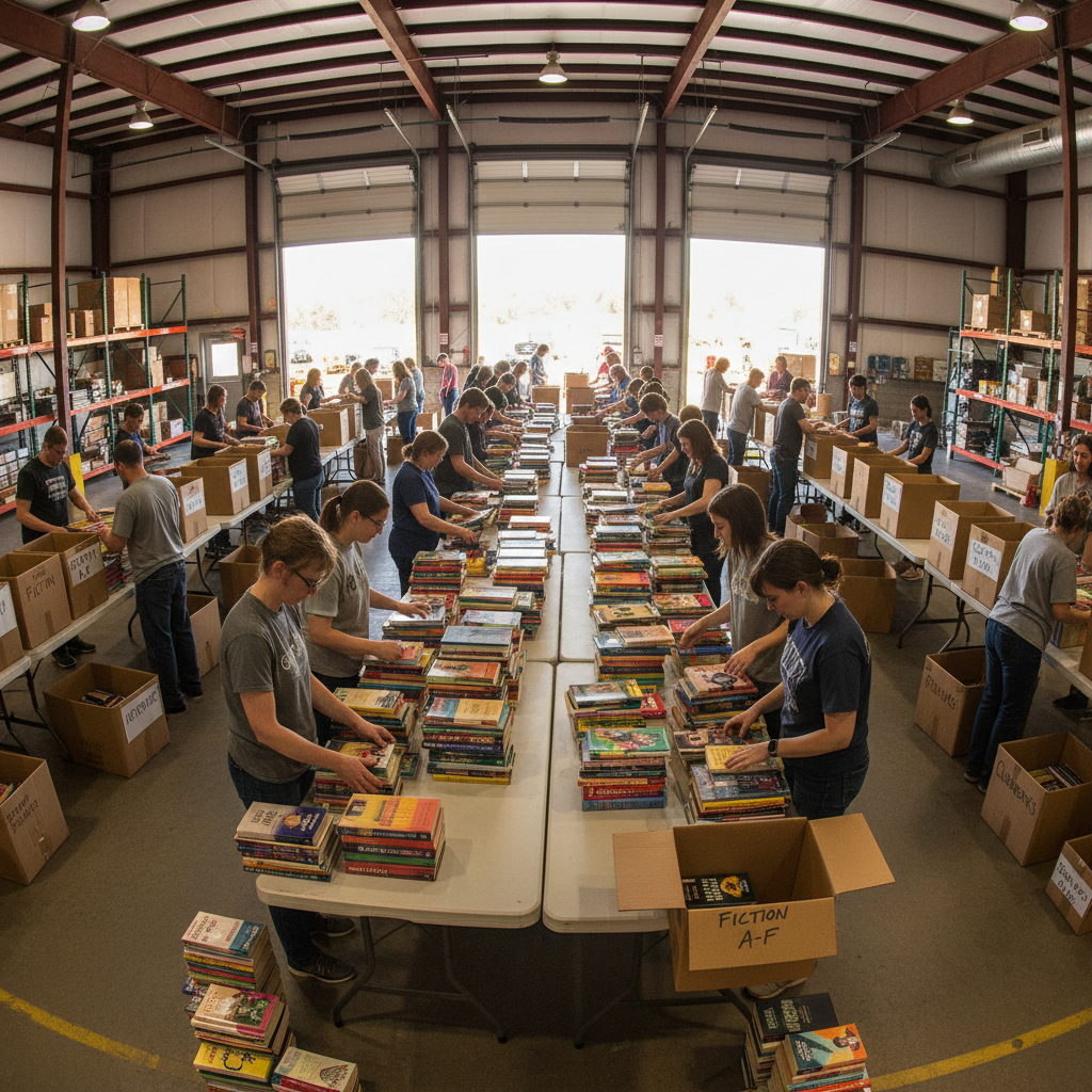 Shelve volunteers at folding tables in a sunlit warehouse, sorting stacks of colorful paperbacks into labeled cardboard boxes — natural light flooding through open loading dock doors