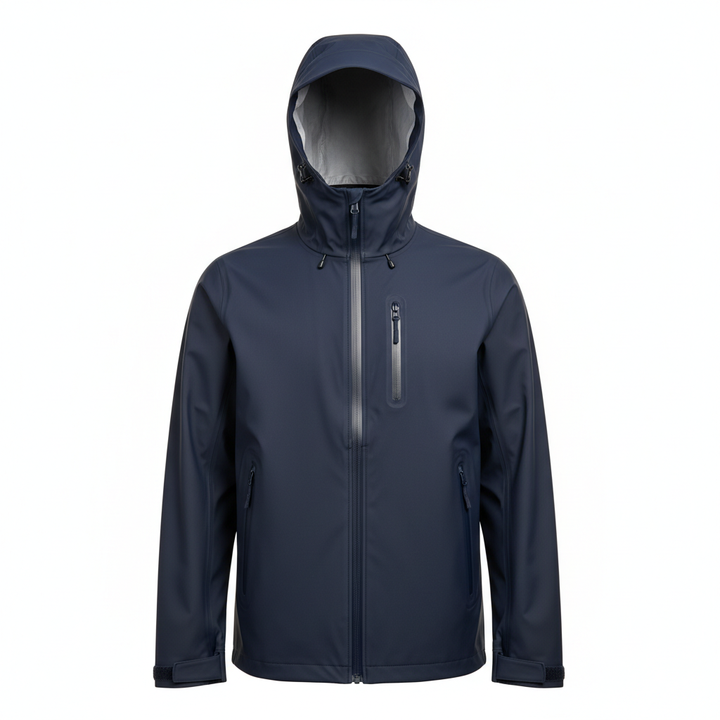 Dark navy waterproof sports jacket, athletic outerwear product photography