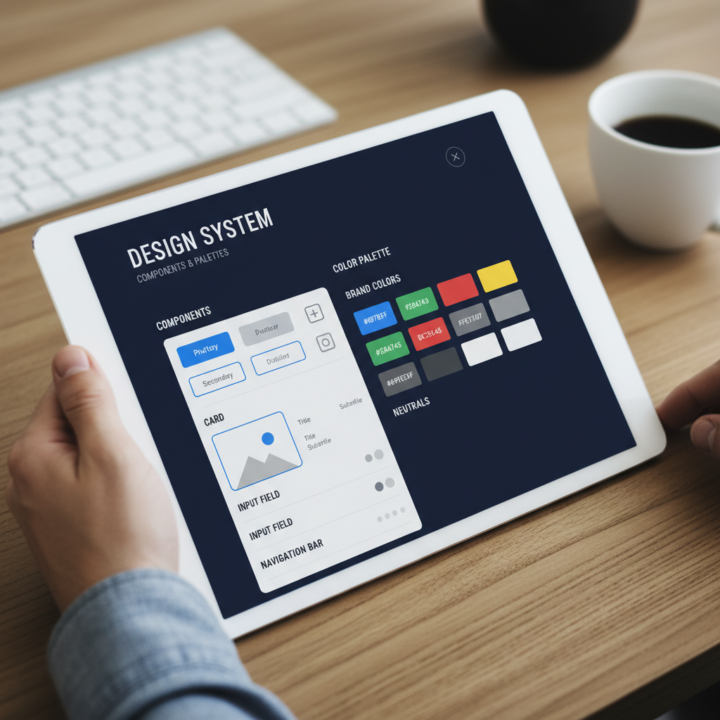Design system documentation spread across screens showing component library with consistent visual language