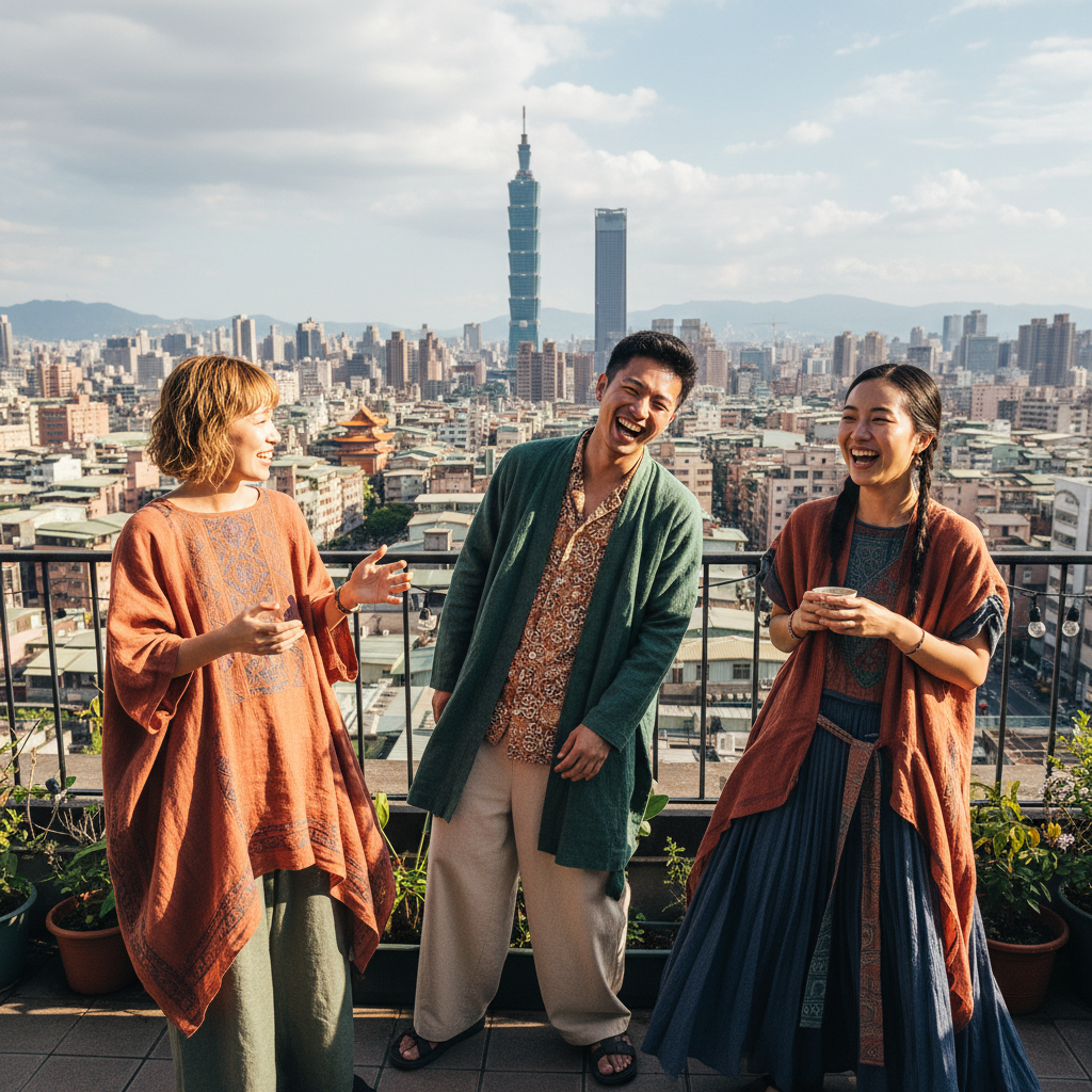 Group of three young Asian friends wearing Thread pieces together on a rooftop in Taipei