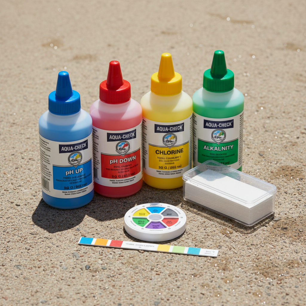 Pool water testing kit with test strips and chemical bottles, close up on pool deck
