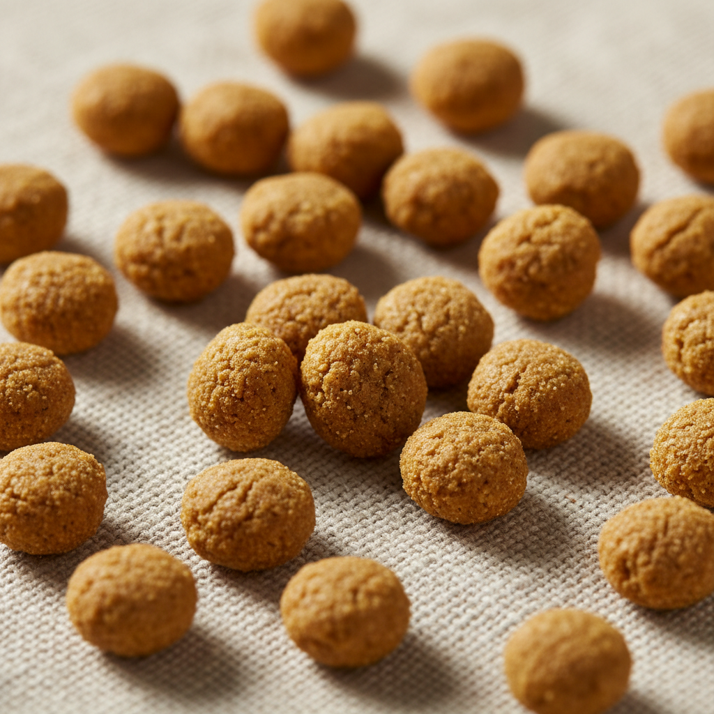 Close-up macro photograph of small golden puppy kibble pieces showing texture and size on linen fabric