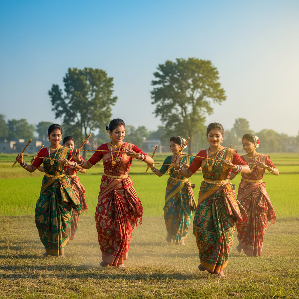 Assamese women in traditional mekhela chador performing Bihu dance with bamboo instruments in an open field