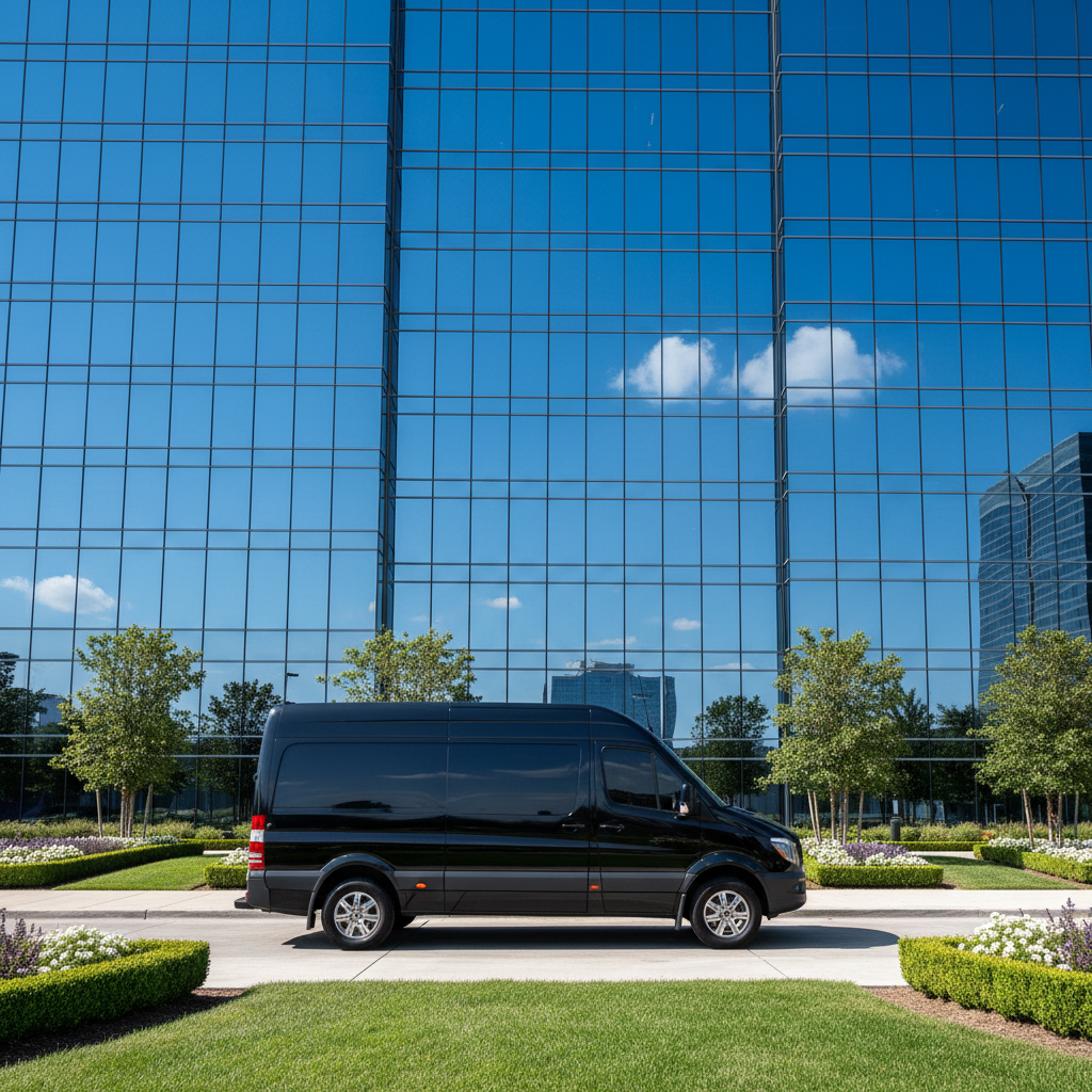 Silver Mercedes Sprinter executive shuttle van parked at a corporate office building, professional clean exterior in daylight