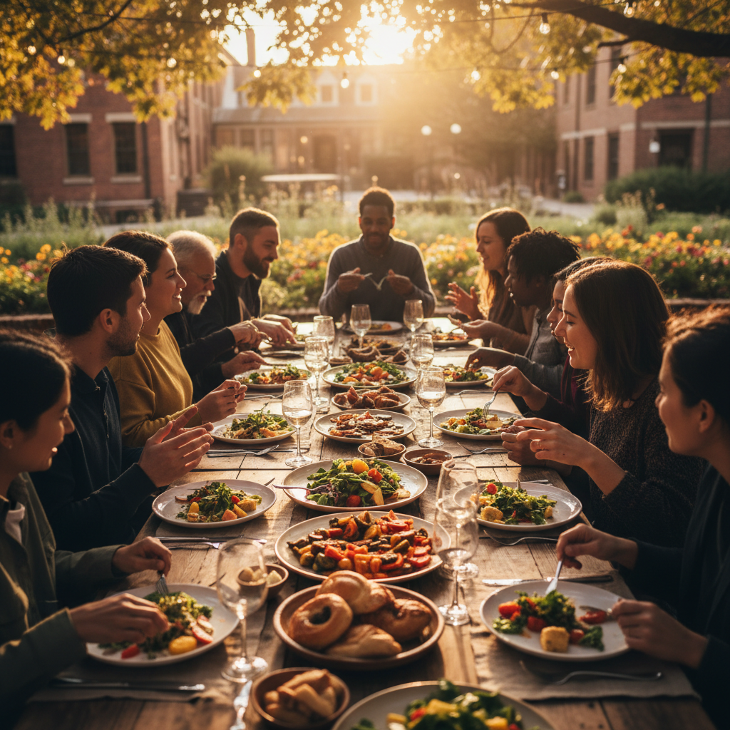 Community members gathered at tables sharing food and stories after the walk
