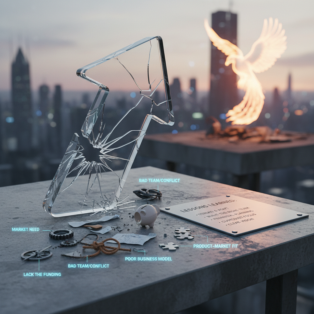 Startup failure analysis showing common reasons and lessons learned from failed companies