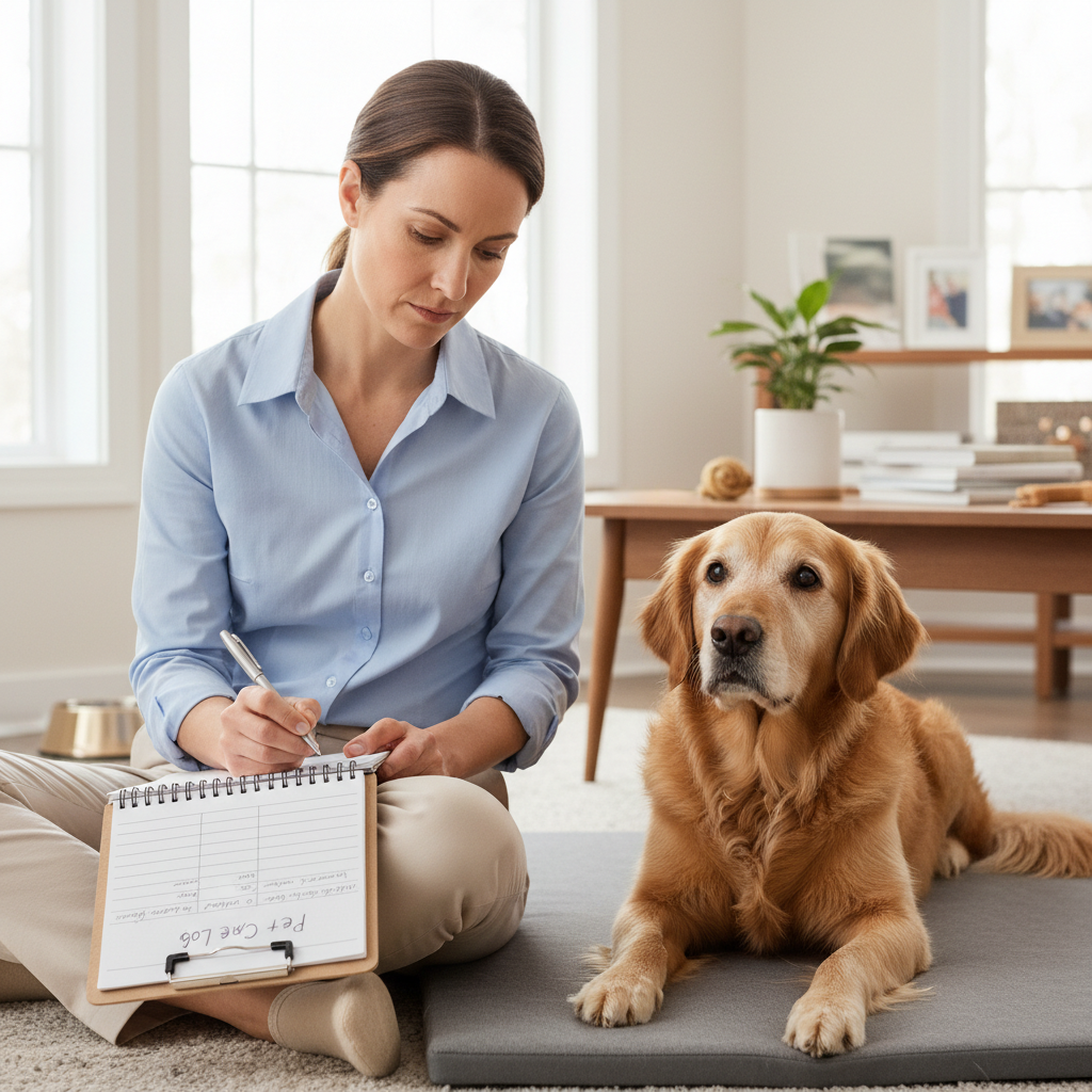 Professional pet sitter in clean attire writing in a care log while a calm senior golden retriever rests on an orthopedic mat in a tidy home