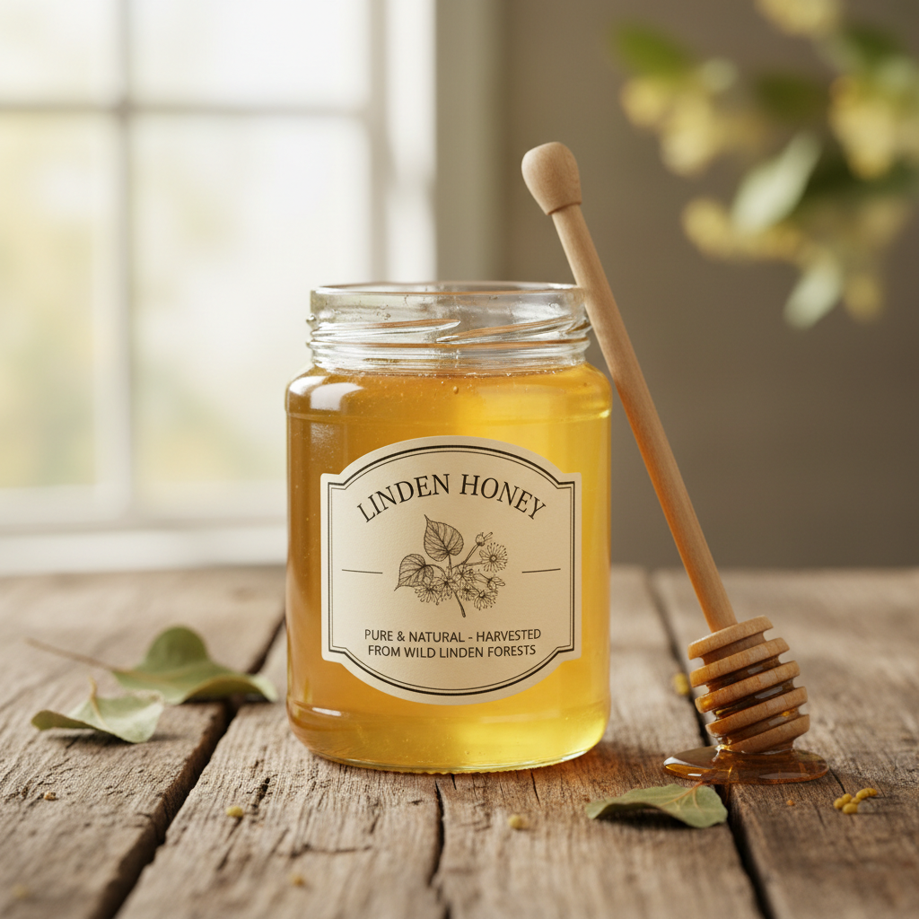 Golden honey jar with wooden honey dipper on rustic wooden table